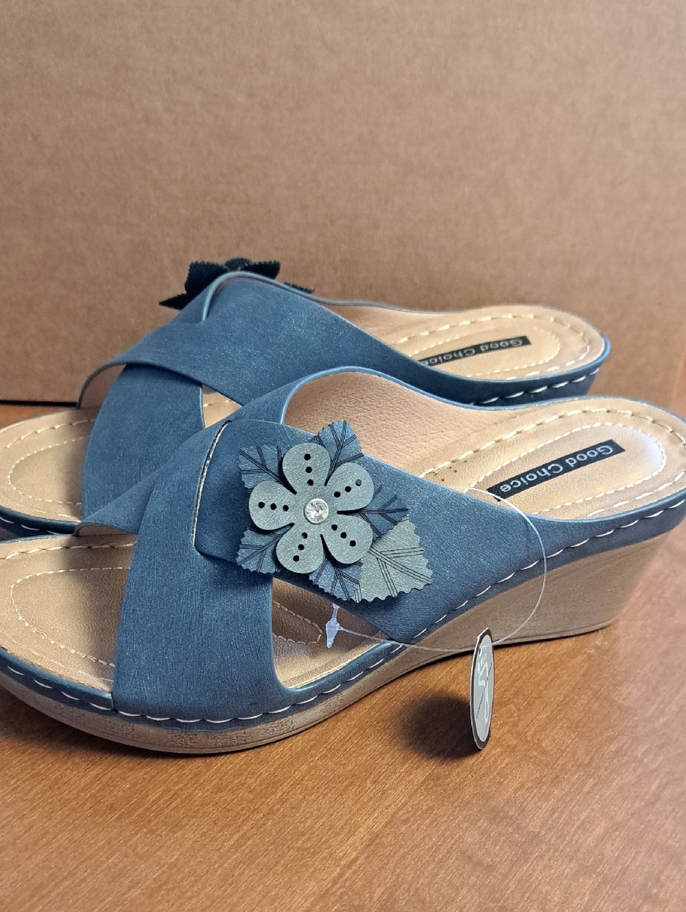 Good Chic Slate Blue Wedge Mules with Floral Accent